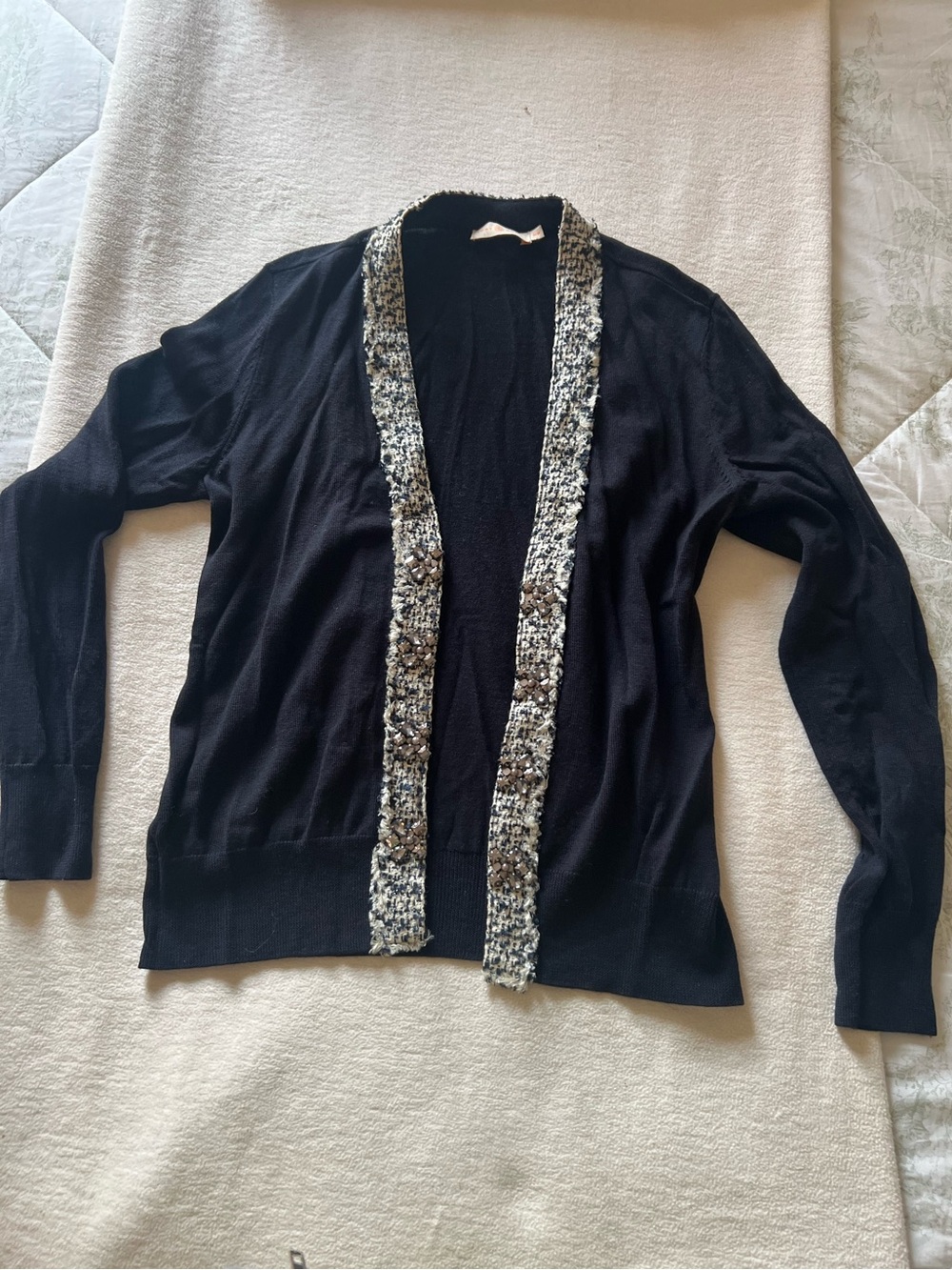 Tory Burch Navy Open-Front Quincy Cardigan with Tweed Trim